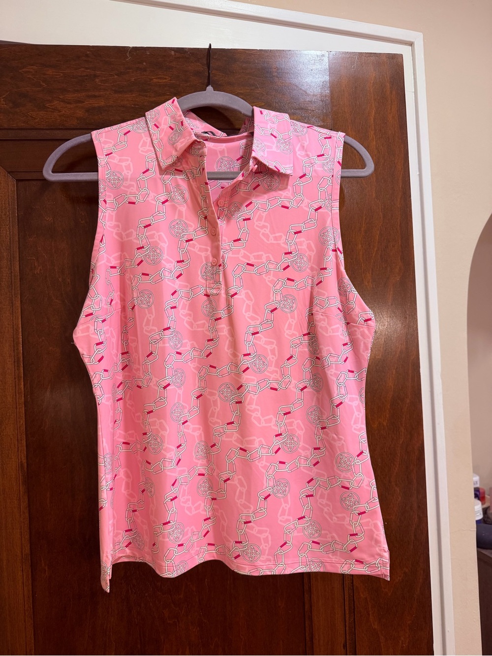NWT G/FORE Women's Sleeveless Golf Polo Pink Chain Print Size Medium